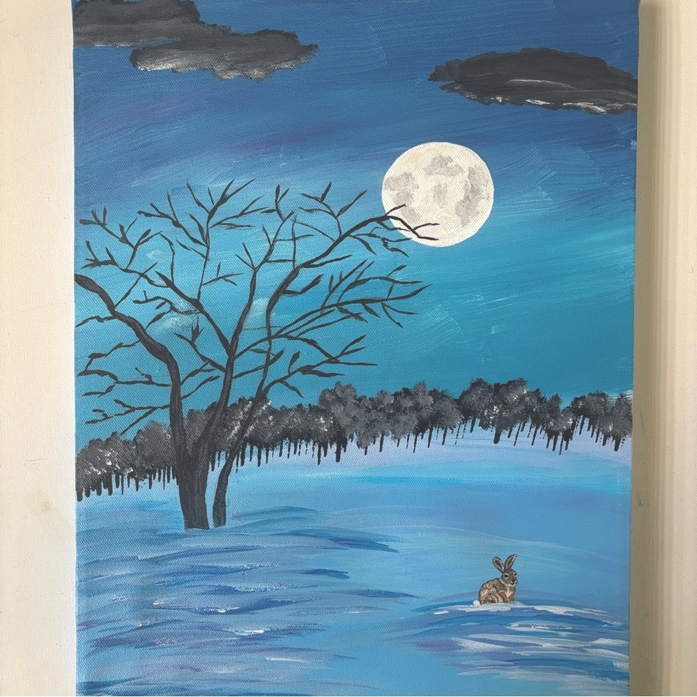 Light in the darkness Winter Landscape Canvas acrylic painting rabbit bunny moon